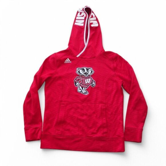 Adidas Wisconsin Badgers Fleece Hooded Sweatshirt Red / White Women's Small (S) - Picture 1 of 7